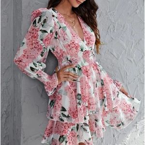 Emery rose surplice beck shirred panel wide waistband layered dress